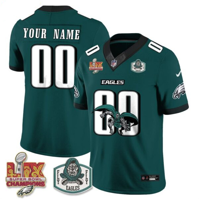 Men's Philadelphia Eagles x Green Cape Villain Active Player Custom Green F.U.S.E. 2025 Super Bowl LIX Champions Patch Edition Stitched Football Jersey